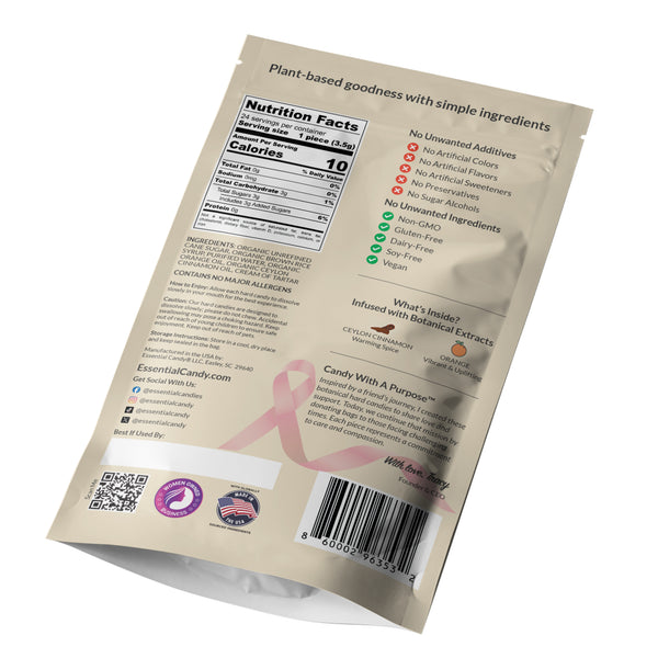 Back of Packaging of Essential Candy Orange Cinnamon hard candy with branding, nutrition facts panel  and product details.