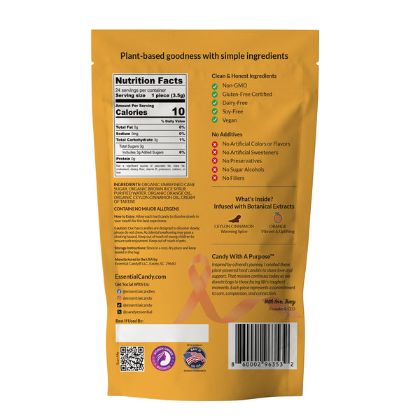 Orange Cinnamon Back of a yellow package with nutritional information and ingredient list on a white background