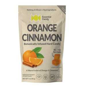 Packaging of Essential Candy Orange Cinnamon hard candy with branding and product details.