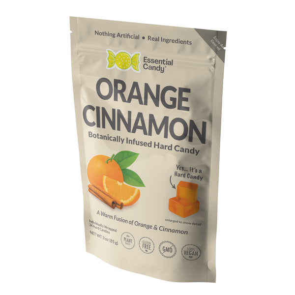 Packaging of Essential Candy Orange Cinnamon hard candy with branding and product details.
