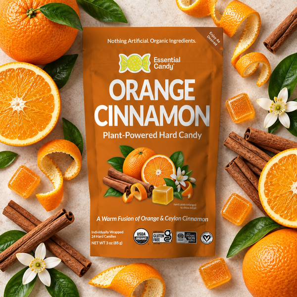 Essential Candy Orange Cinnamon bag laying flat with ingredients surrounding the bag.