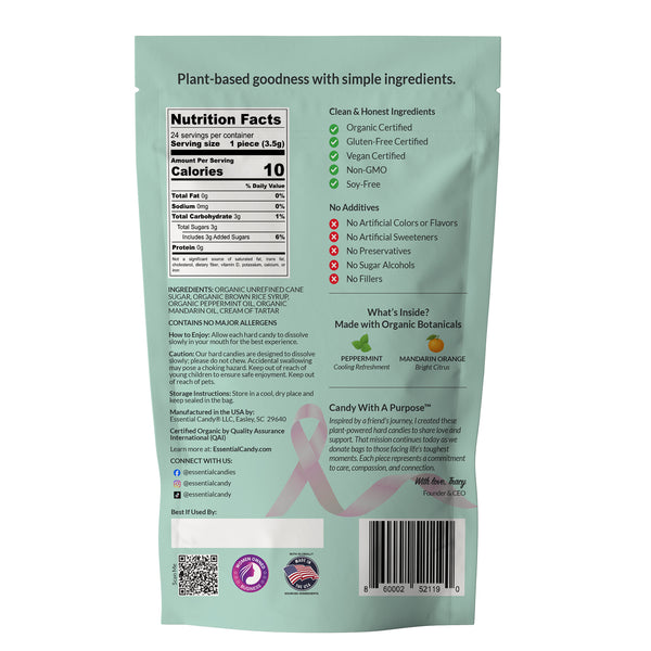 Back view of a candy package in a light mint green bag, showing nutrition facts, ingredients, certifications, a pink awareness ribbon, and a barcode on a white background.