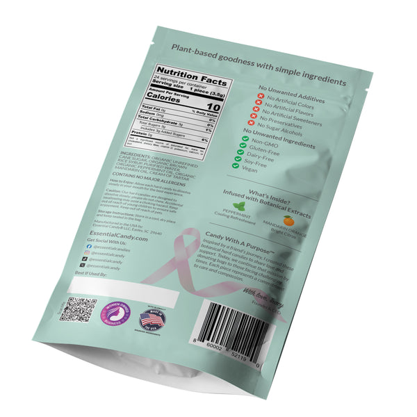 Back of Packaging of Essential Candy Peppermint Mandarin hard candy on a white background