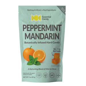 Packaging of Essential Candy Peppermint Mandarin hard candy on a white background