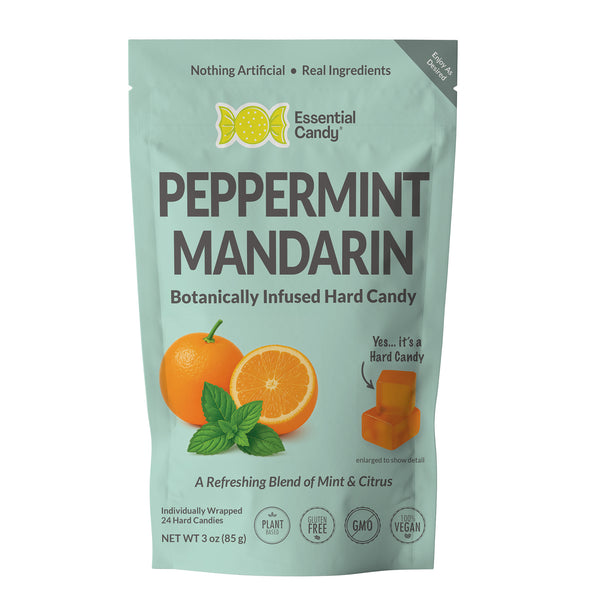 Packaging of Essential Candy Peppermint Mandarin hard candy on a white background