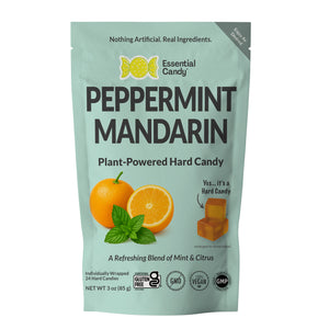 Packaging of peppermint Mandarin hard candy with orange and mint illustrations on a light green background.