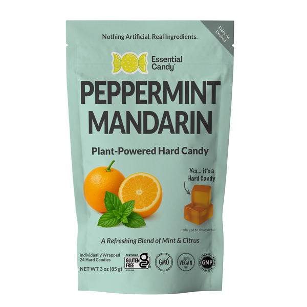 Packaging of peppermint Mandarin hard candy with orange and mint illustrations on a light green background.