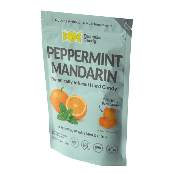 Packaging of Essential Candy Peppermint Mandarin hard candy on a white background