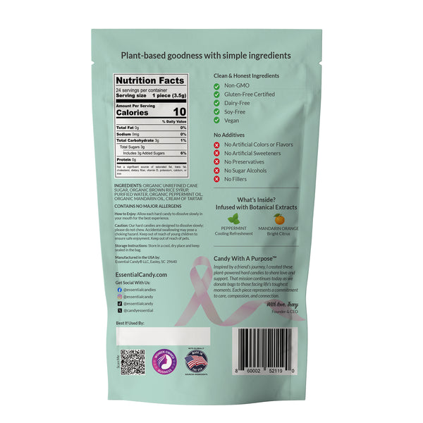 Peppermint Mandarin Back of a green package with nutrition facts and ingredient information on a white background