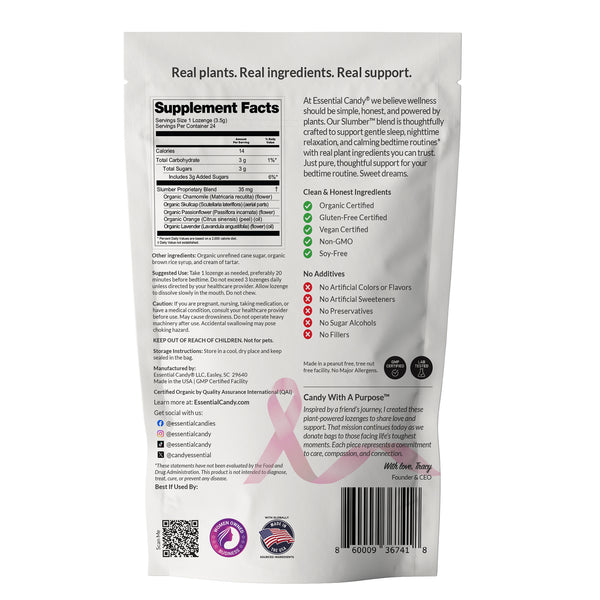 Slumber Blend Back of a supplement package with text and logos on a white background