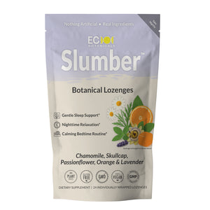 Package of Slumber Botanical Lozenges with natural ingredients on a white background