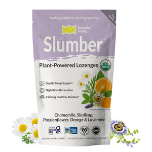 Slumber Sleep plant-powered lozenges packaging with herbs and flowers on a white background