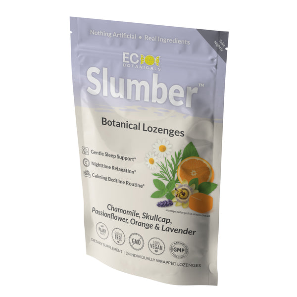 Package of Slumber Botanical Lozenges with botanical illustrations on a white background
