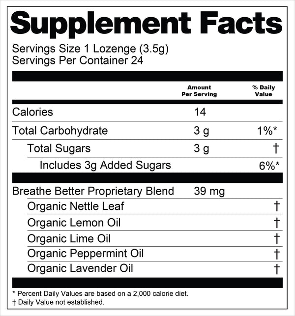 Supplement facts label for Breathe Better Botanical Lozenges with various health benefits listed.