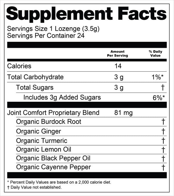 Supplement facts label for Joint Comfort a lozenge product with nutritional information and ingredients.