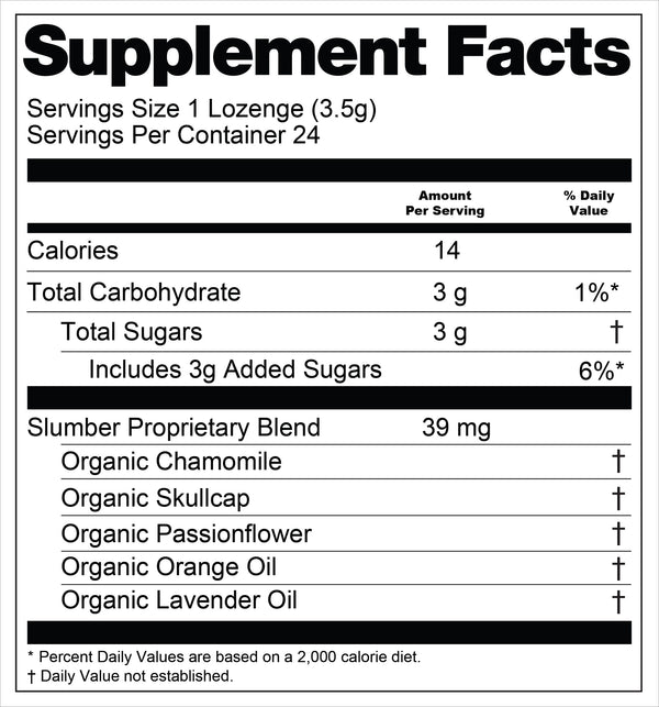 Supplement facts label for Slumber botanical lozenges with various ingredients listed.