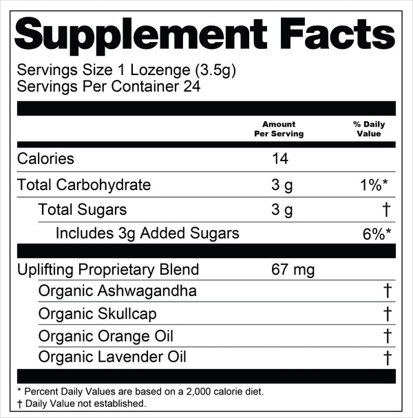 Supplement facts label for Uplifting a lozenge product with nutritional information and ingredients.