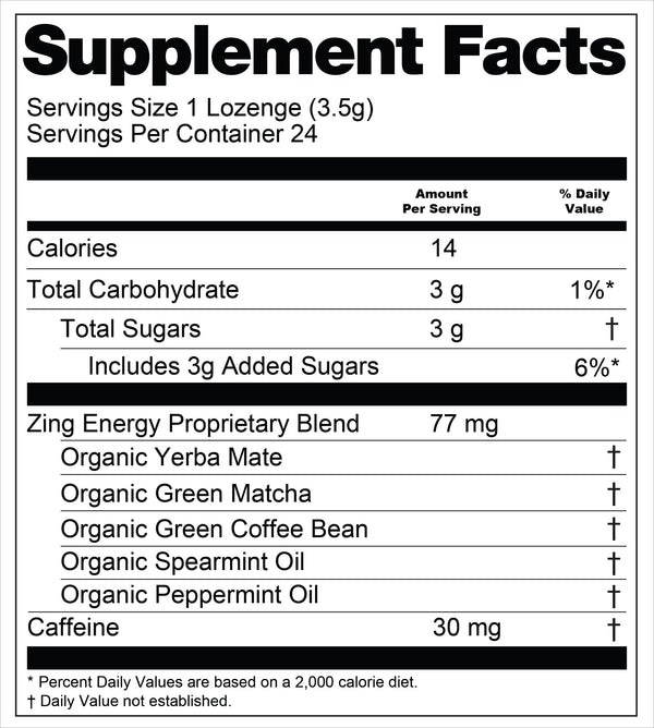 Supplement facts label for Zing Energy a lozenge product with nutritional information.