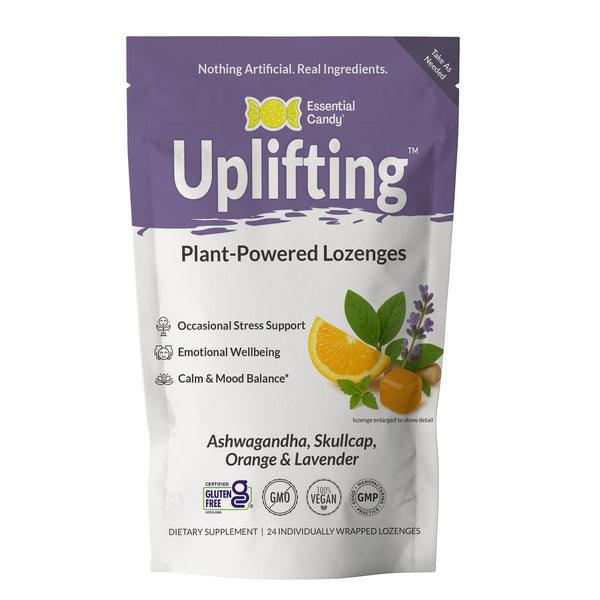 Packaging of 'Uplifting' plant-powered lozenges with purple and white design.
