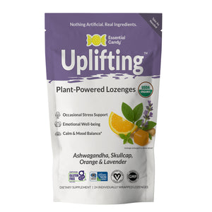 Uplifting plant-powered lozenges packaging with purple and white design.