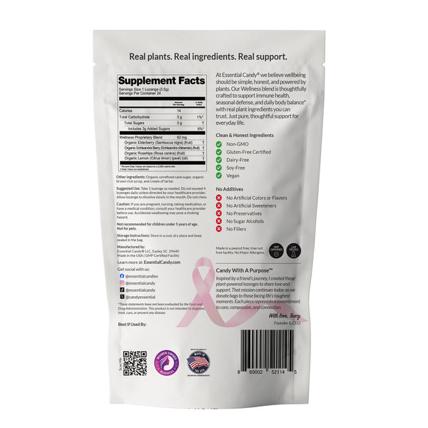 Wellness Lozenge Back of a supplement package with text and logos on a white background