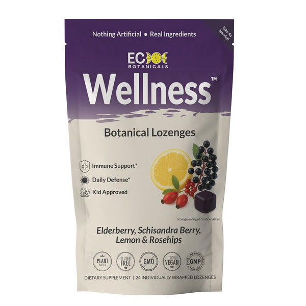 Package of EC Botanicals by Essential Candy Wellness Botanical Lozenges with purple and white design.