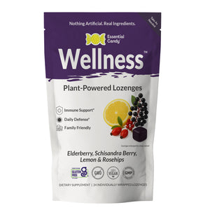 Wellness plant-powered lozenges packaging with purple and white design.