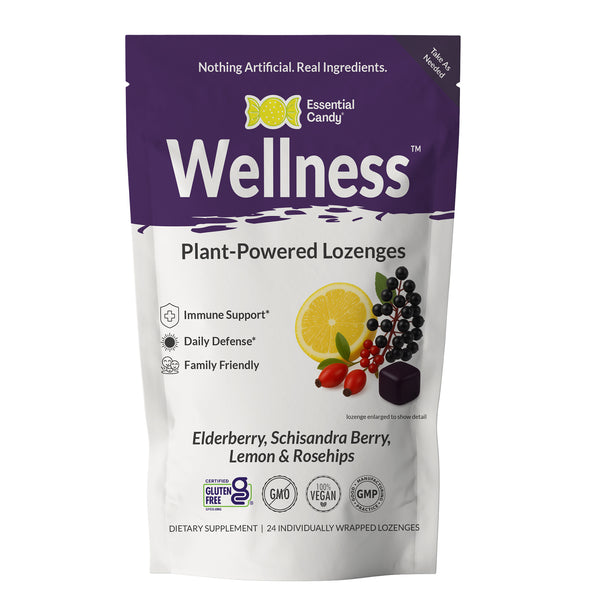 Wellness plant-powered lozenges packaging with purple and white design.