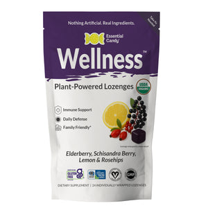 Wellness plant-powered lozenges packaging with purple and white design.