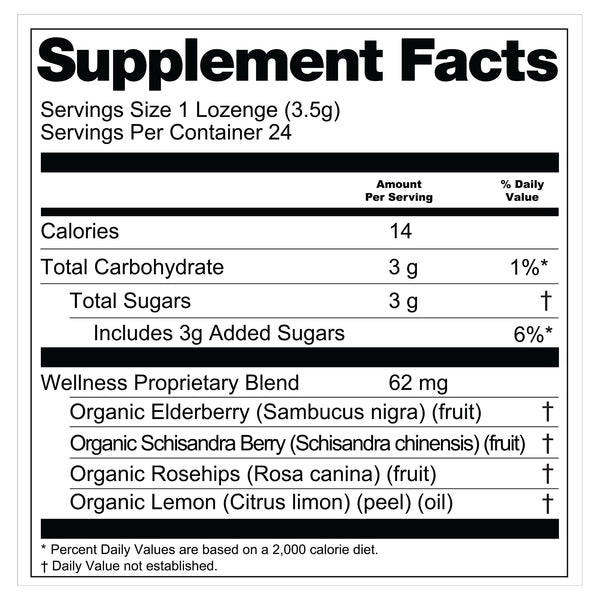 Wellness Supplement facts label for a lozenge product with nutritional information and ingredients.