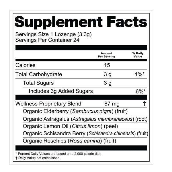 A supplement facts label with black text on a white background, showing serving size 1 lozenge, calories, total carbohydrate, sugars, and a wellness proprietary blend with listed ingredients.