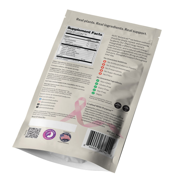 Zing Energy Botanical Lozenges with matcha,yerba mate, green coffee bean,back of packaging with green and white design 
