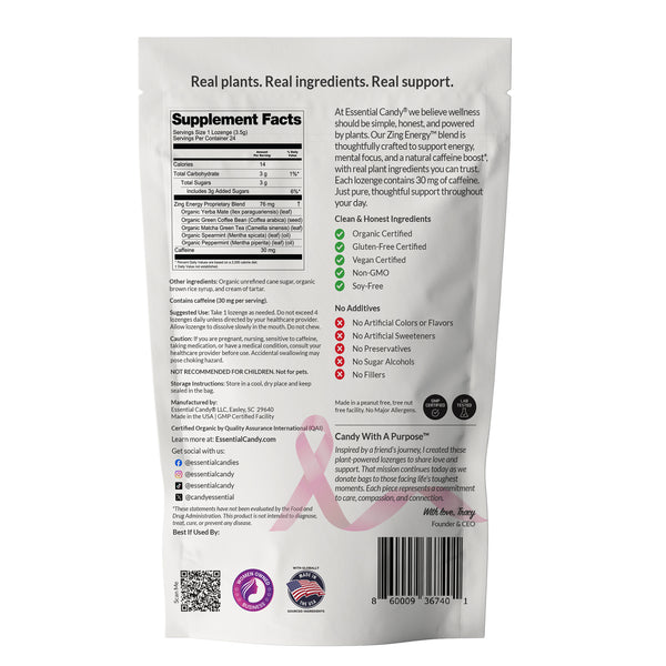 Zing Energy Back of a supplement package with text and logos on a white background