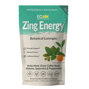Zing Energy Botanical Lozenges with matcha,yerba mate, green coffee bean,packaging with green and white design 