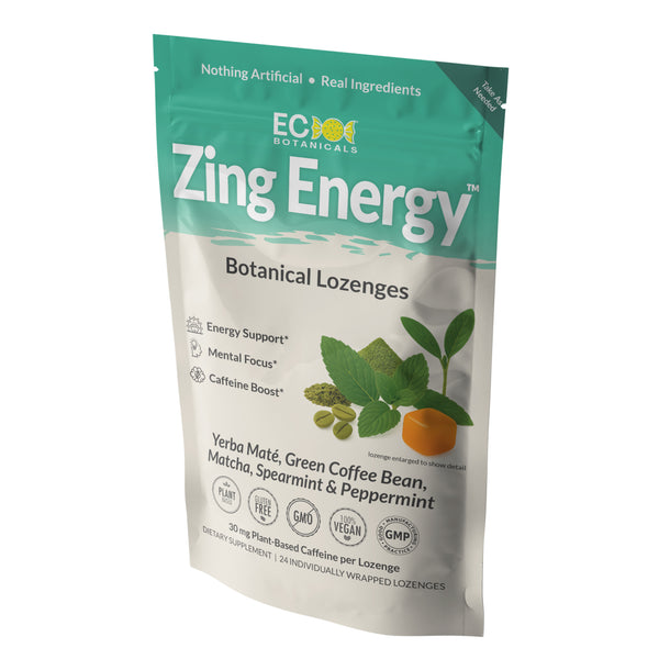 Zing Energy Botanical Lozenges with matcha,yerba mate, green coffee bean,packaging with green and white design 