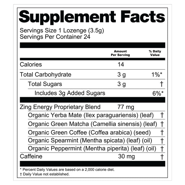 Zing lozenges Supplement facts label for a lozenge product with nutritional information.