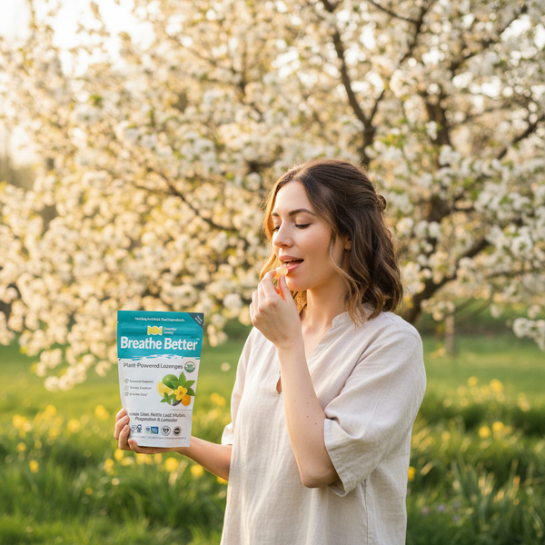Breathe Better Woman Holding Bag and Lozenge