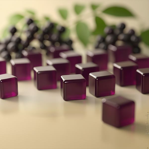 Wellness Purple cube-shaped objects on a reflective surface with blurred green leaves in the background