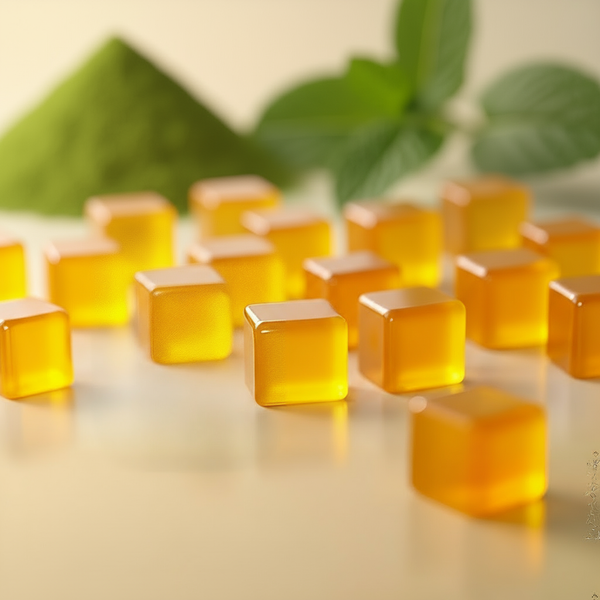 Essential Candy Yellow lozenge cubes on a reflective surface with green leaves in the background