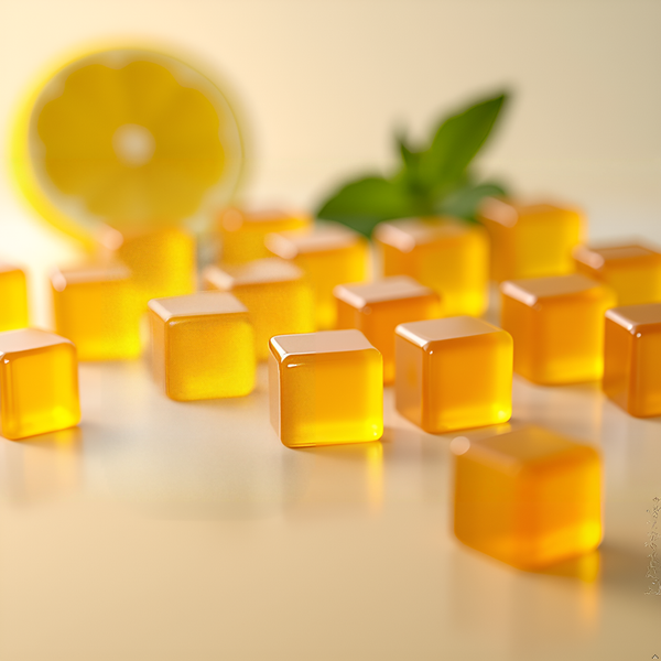 Essential Candy Golden lozenge cubes with a lemon and mint leaf on a light background