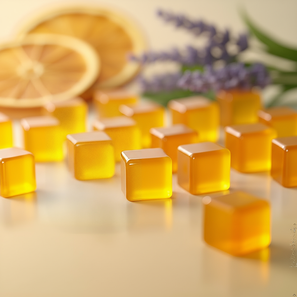 Essential Candy Yellow square-shaped lozenges on a reflective surface with blurred background
