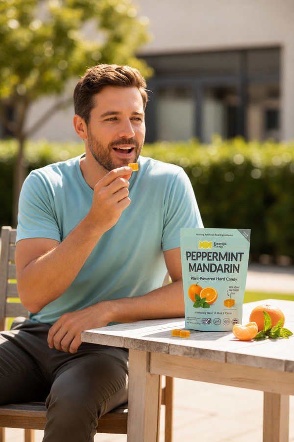 A man in a light blue t-shirt sits at an outdoor wooden table, eating a yellow candy from his hand while a box of 'Peppermint Mandarin' gummy candies sits on the table next to fresh mandarins.